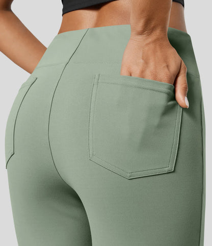 High Waisted Back  Pocket Flare Work Pants - Pista
