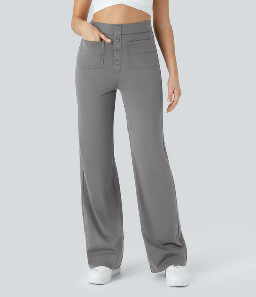 High Waisted Button Multiple Pockets Straight Leg Casual Pants - Gray
