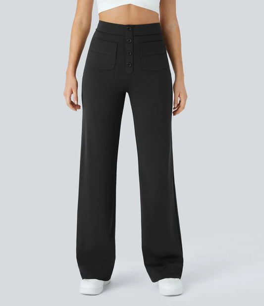High Waisted Button Multiple Pockets Straight Leg Casual Pants - Black