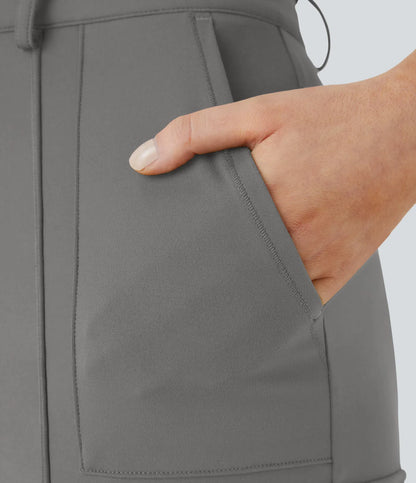 High Waisted Button Zipper Multiple Pockets Solid Skinny Cargo Pants - Gray