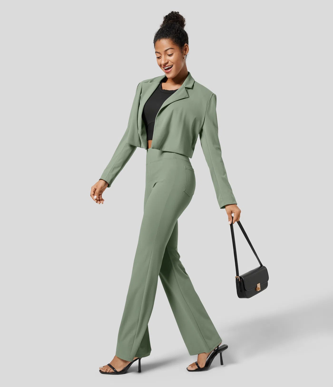 High Waisted Back  Pocket Flare Work Pants - Pista