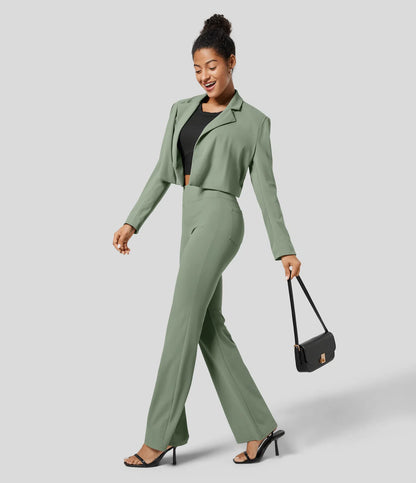 High Waisted Back  Pocket Flare Work Pants - Pista