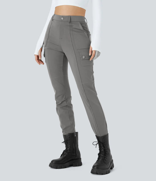 High Waisted Button Zipper Multiple Pockets Solid Skinny Cargo Pants - Gray