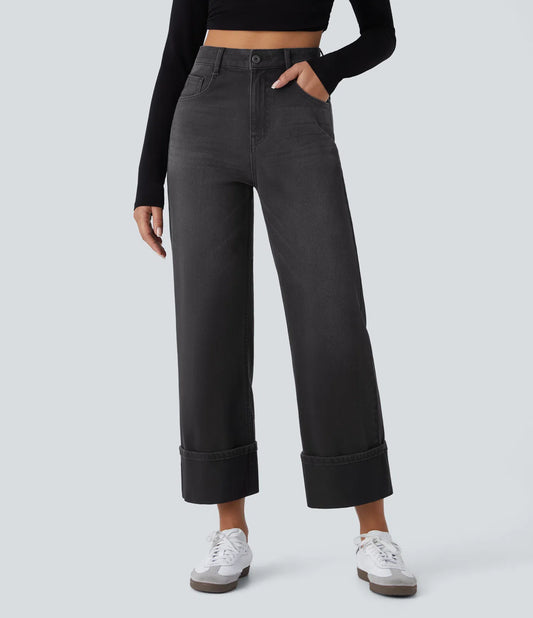 High Waisted Wide Leg Stretchy Knit Casual Jeans - Deep Black Denim
