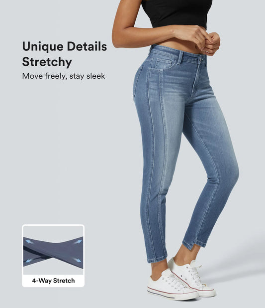 Mid Low Rise Button Zipper Multiple Pockets Stretchy Knit Casual Skinny Jeans - Sea Blue Denim