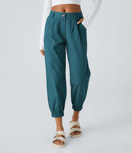 Mid Rise Button Zipper Women Casual Pants - Dark Green