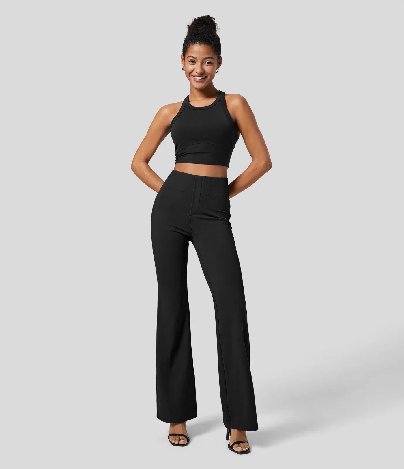 High Waisted Back  Pocket Flare Work Pants - Black