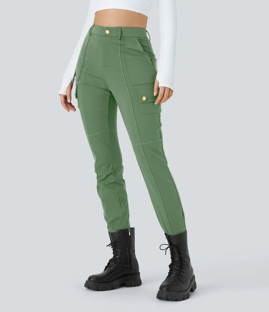 High Waisted Button Zipper Multiple Pockets Solid Skinny Cargo Pants - Green