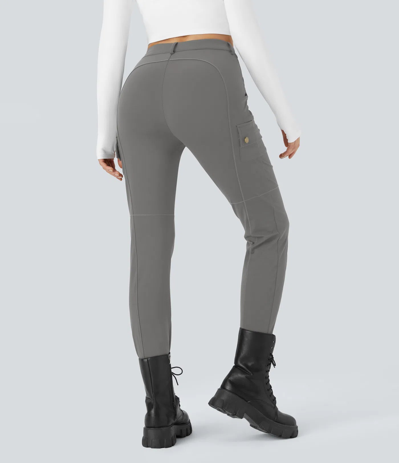 High Waisted Button Zipper Multiple Pockets Solid Skinny Cargo Pants - Gray