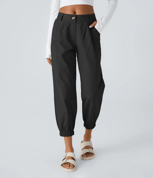 Mid Rise Button Zipper Women Casual Pants - Black