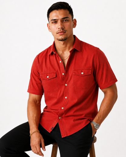 Denim-Inspired Utility Overshirt - Short Sleeve