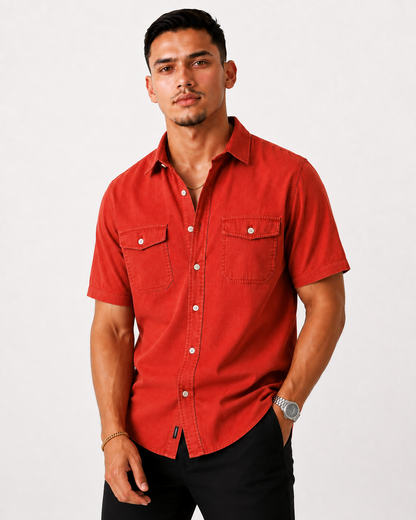 Denim-Inspired Utility Overshirt - Short Sleeve