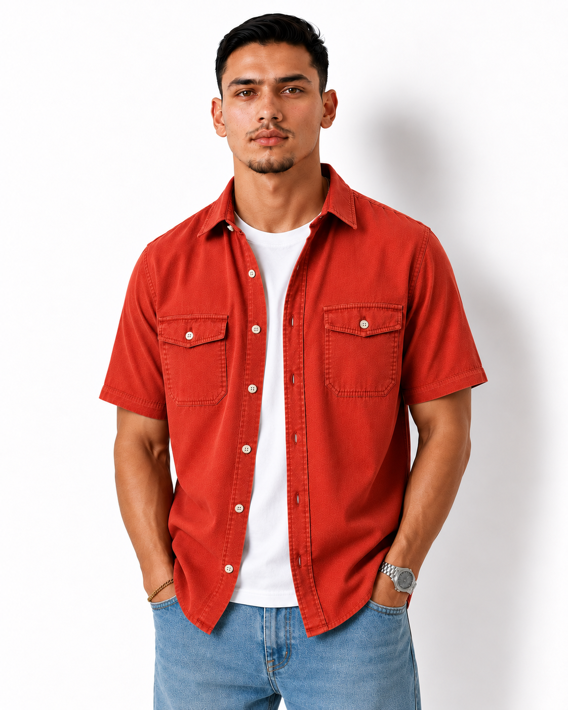 Denim-Inspired Utility Overshirt - Short Sleeve
