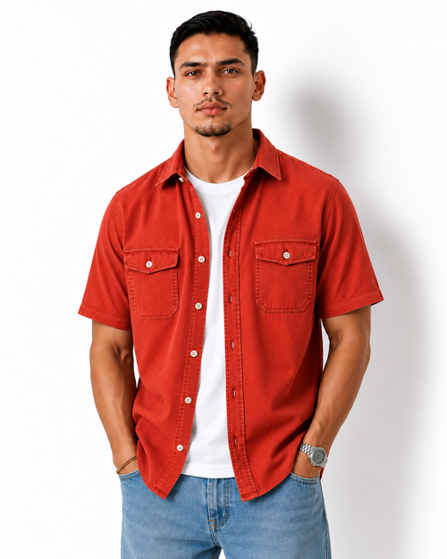 Denim-Inspired Utility Overshirt - Short Sleeve