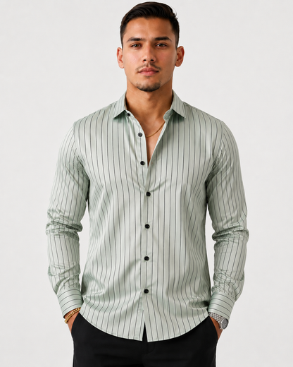 Slim Fit Satin Stripe Stitchless Shirt - Sage Green