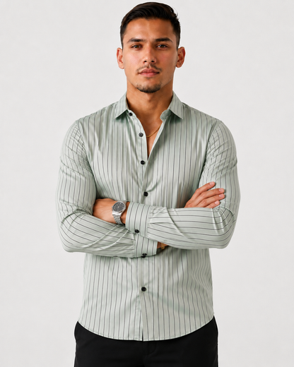 Slim Fit Satin Stripe Stitchless Shirt - Sage Green