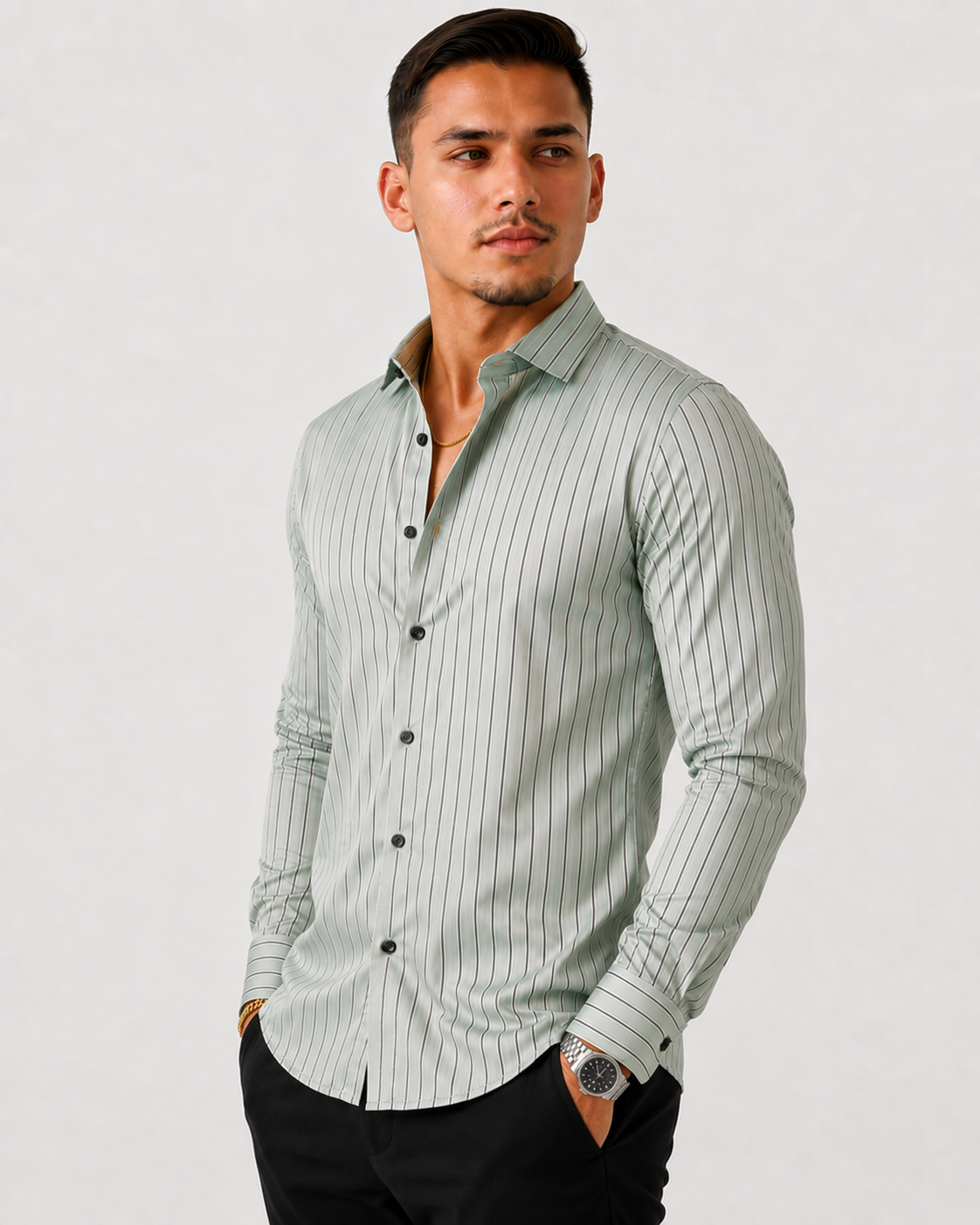 Slim Fit Satin Stripe Stitchless Shirt - Sage Green