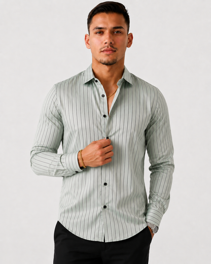 Slim Fit Satin Stripe Stitchless Shirt - Sage Green
