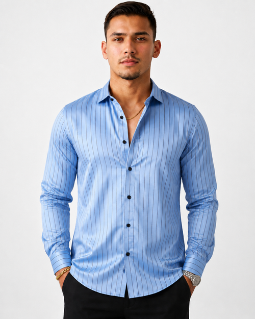 Slim Fit Satin Stripe Stitchless Shirt - Ice Blue