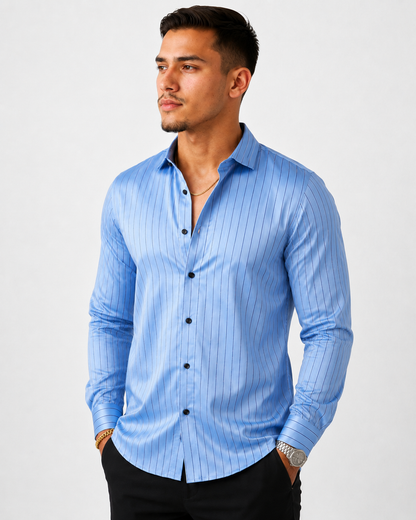 Slim Fit Satin Stripe Stitchless Shirt - Ice Blue