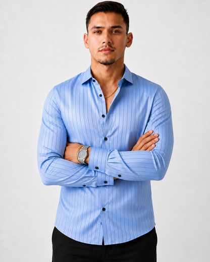 Slim Fit Satin Stripe Stitchless Shirt - Ice Blue