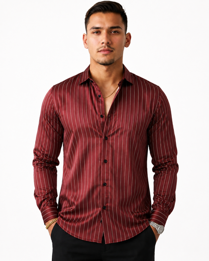 Slim-Fit Satin Stripe Stitchless Shirt - Maroon