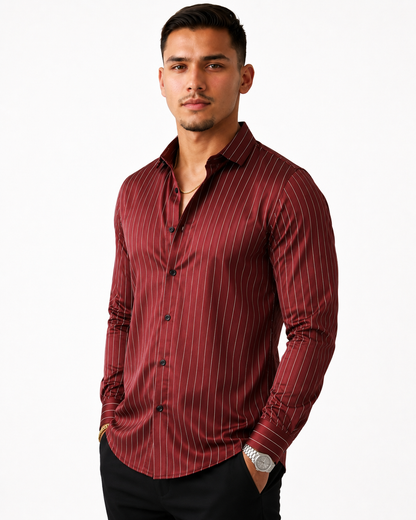 Slim-Fit Satin Stripe Stitchless Shirt - Maroon