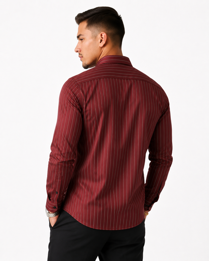 Slim-Fit Satin Stripe Stitchless Shirt - Maroon