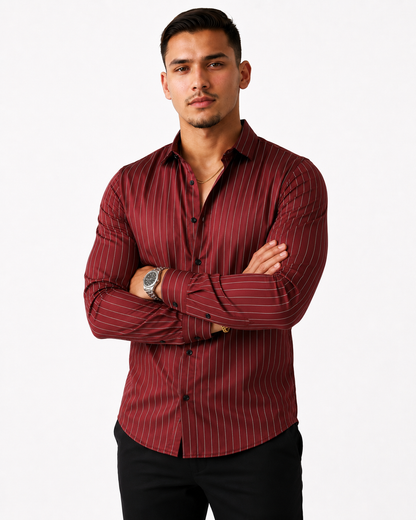 Slim-Fit Satin Stripe Stitchless Shirt - Maroon