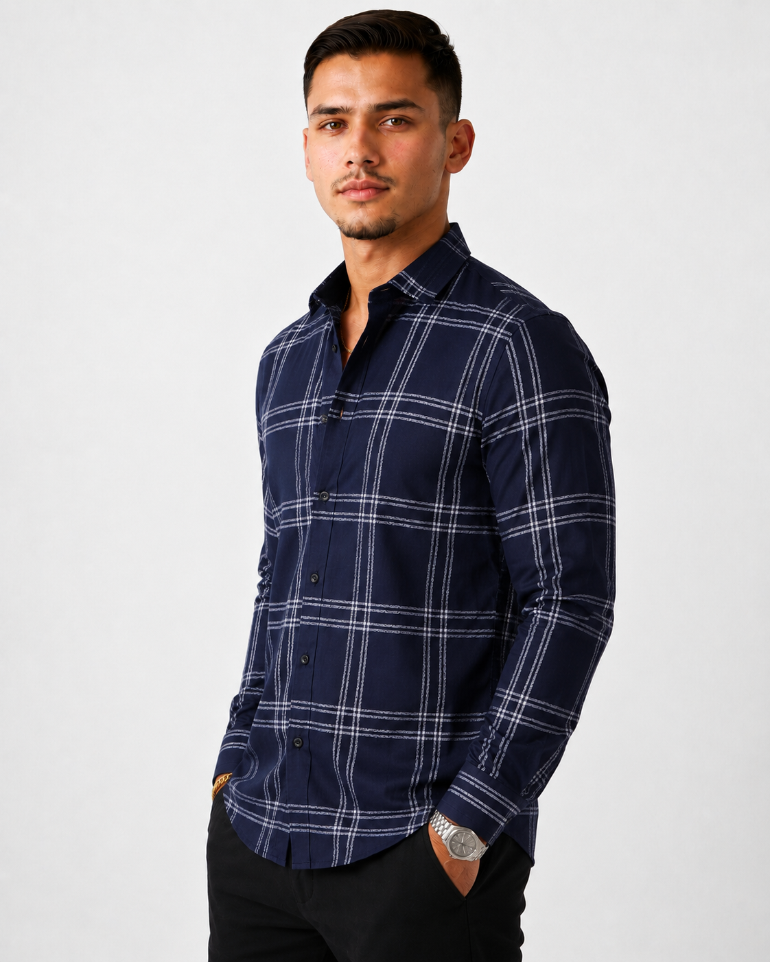 Men's Slim Fit Grid Check Shirt - Navy
