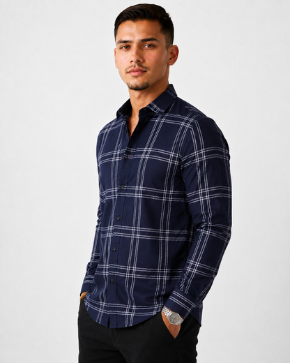Men's Slim Fit Grid Check Shirt - Navy