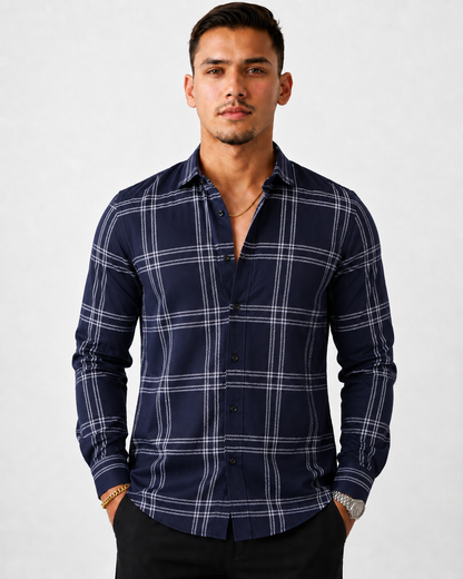 Men's Slim Fit Grid Check Shirt - Navy