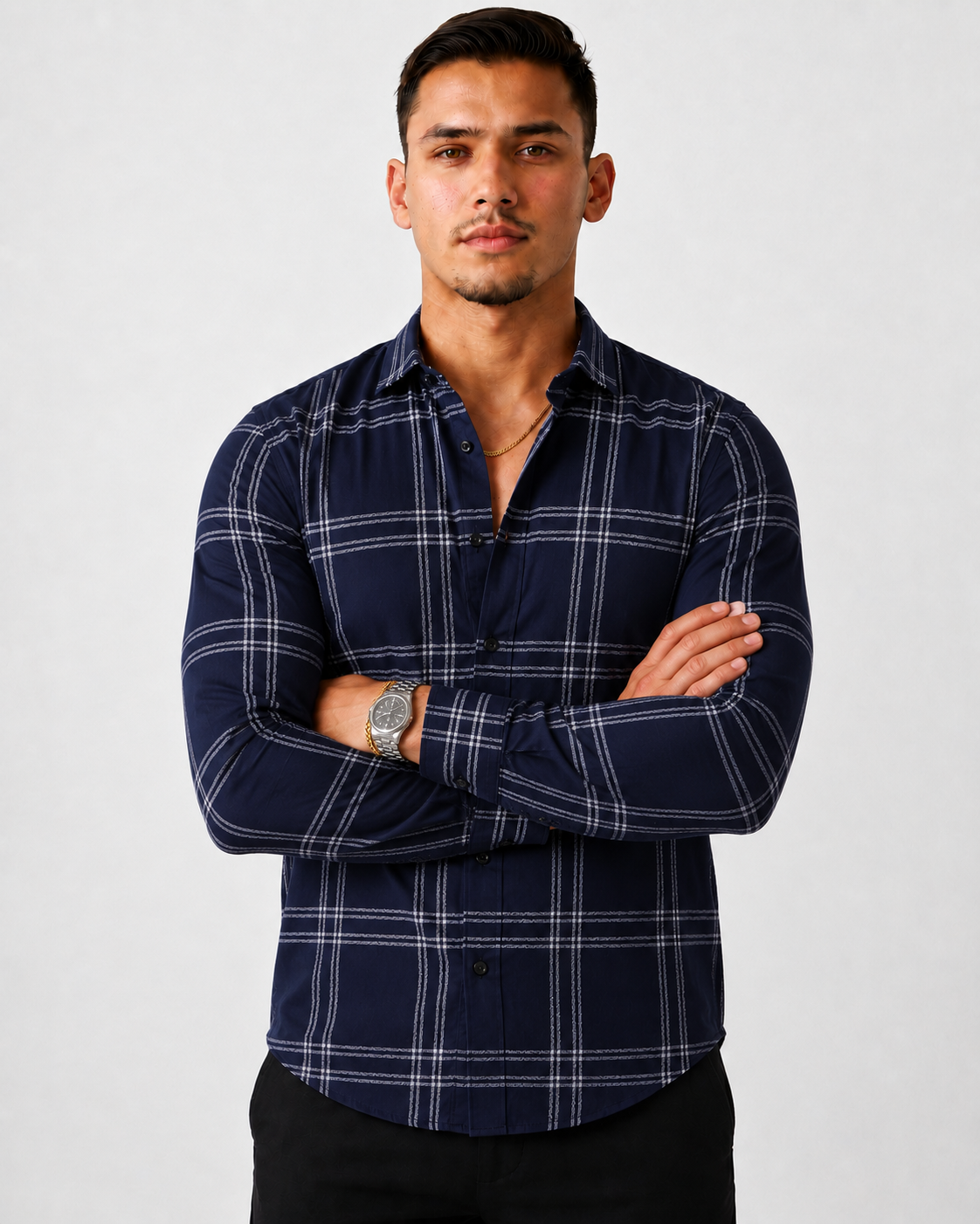 Men's Slim Fit Grid Check Shirt - Navy