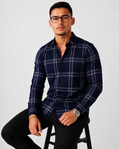 Men's Slim Fit Grid Check Shirt - Navy