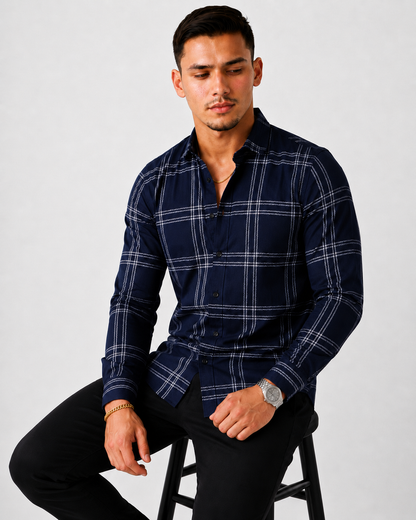 Men's Slim Fit Grid Check Shirt - Navy