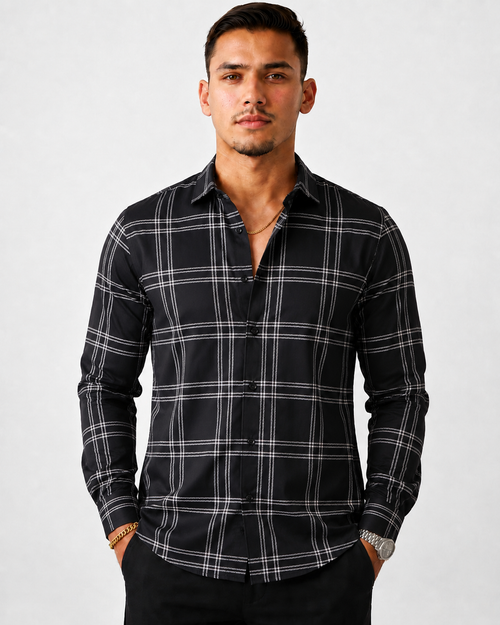 Men's Slim Fit Grid Check Shirt - Black