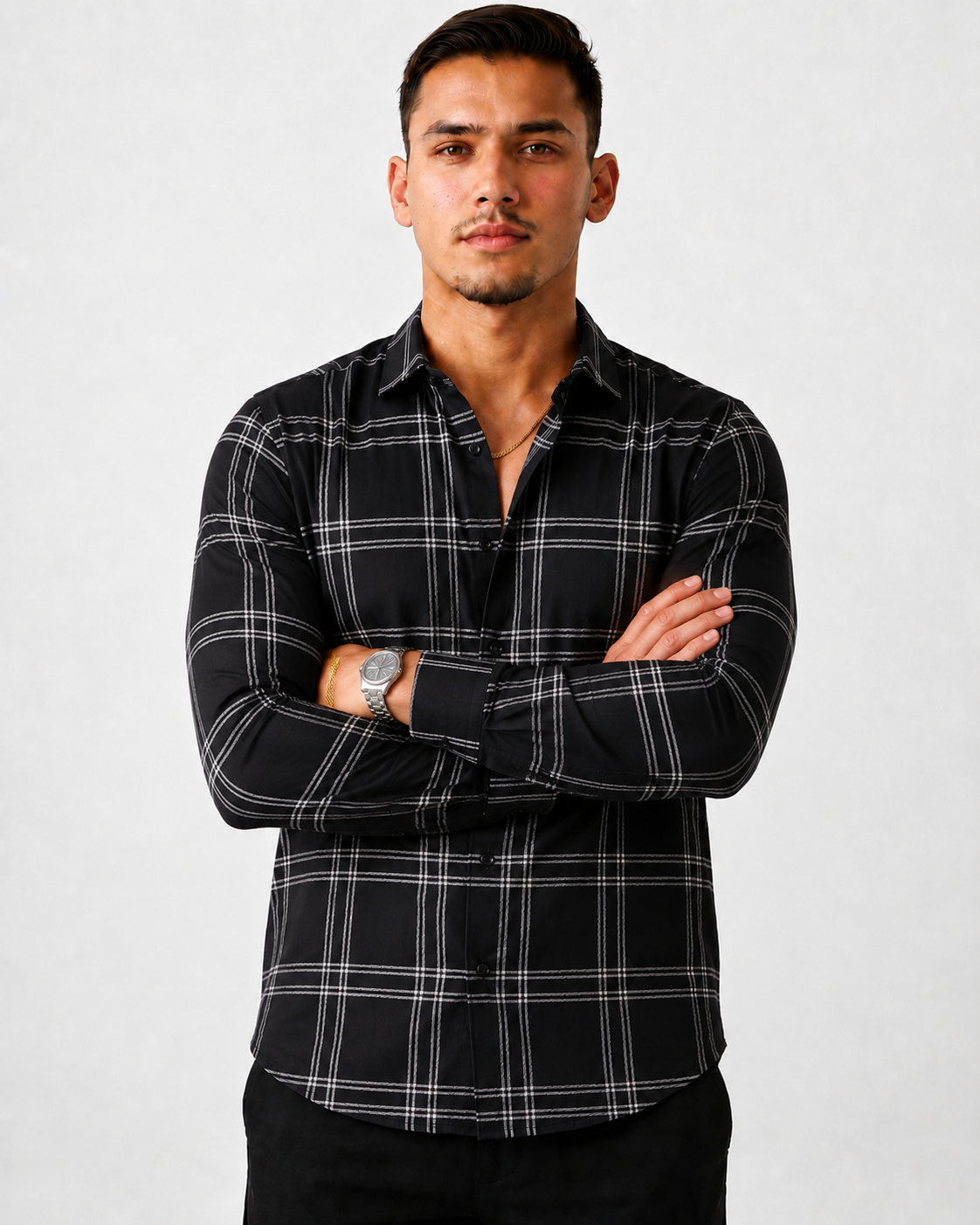 Men's Slim Fit Grid Check Shirt - Black