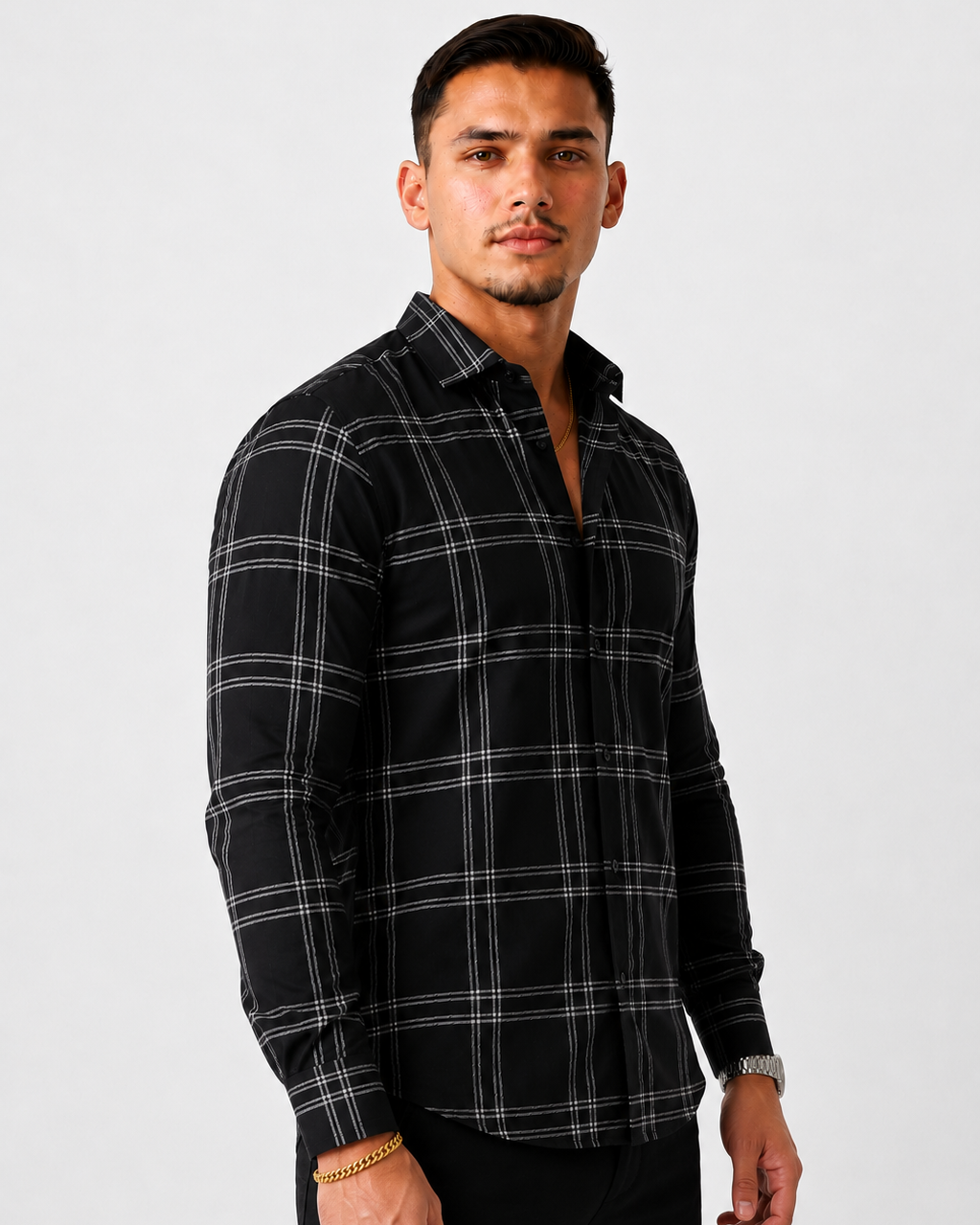 Men's Slim Fit Grid Check Shirt - Black