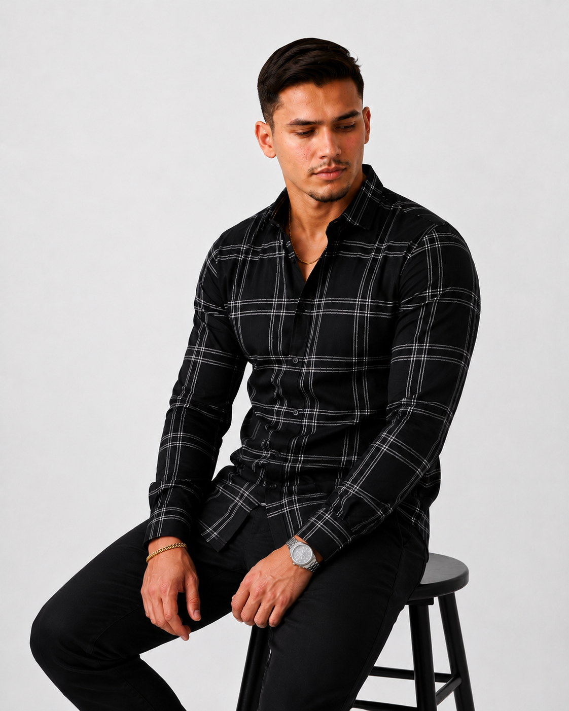 Men's Slim Fit Grid Check Shirt - Black