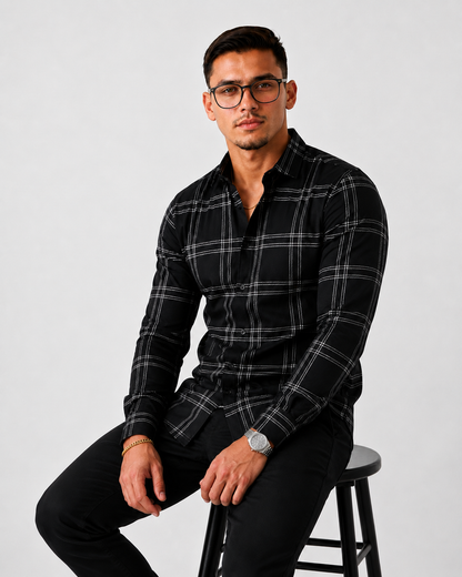 Men's Slim Fit Grid Check Shirt - Black
