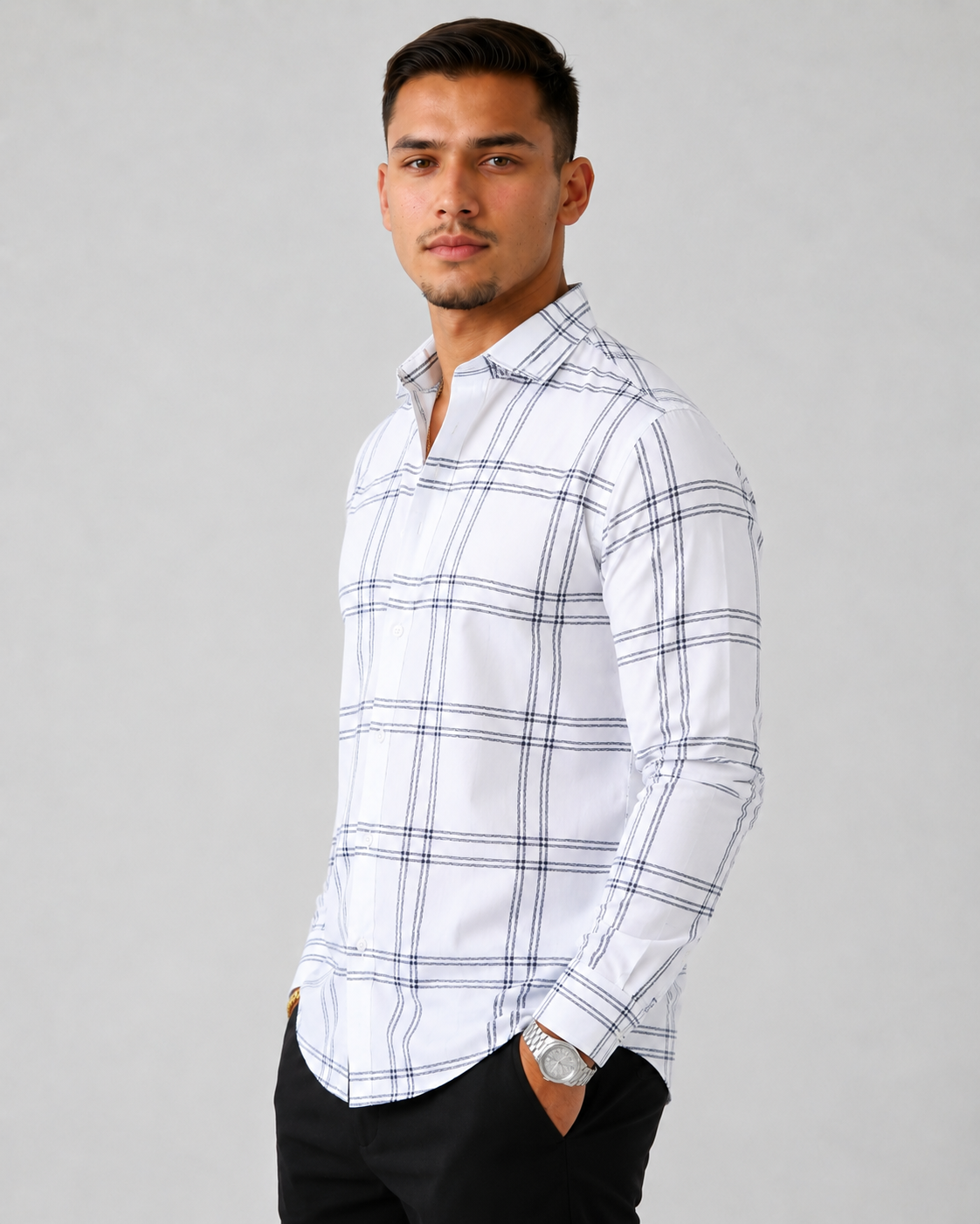 Men's Slim Fit Grid Check Shirt - White
