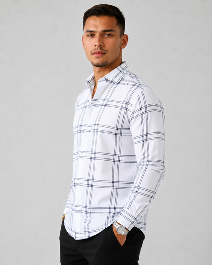 Men's Slim Fit Grid Check Shirt - White