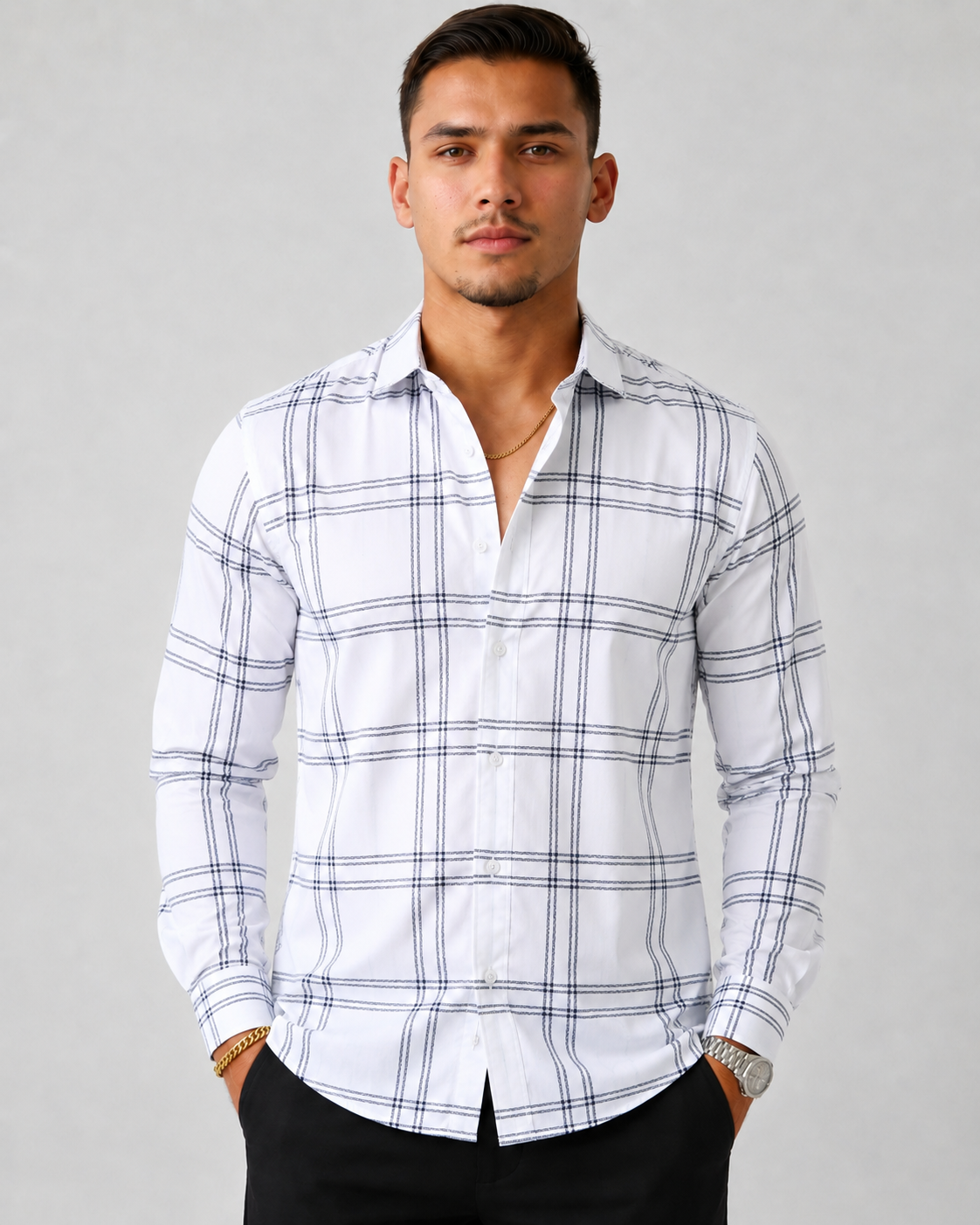 Men's Slim Fit Grid Check Shirt - White