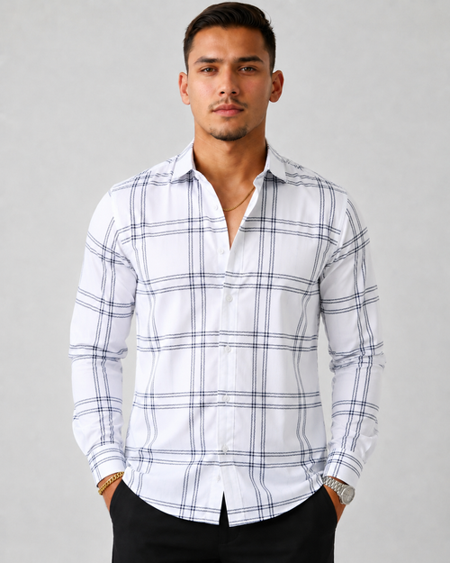 Men's Slim Fit Grid Check Shirt - White