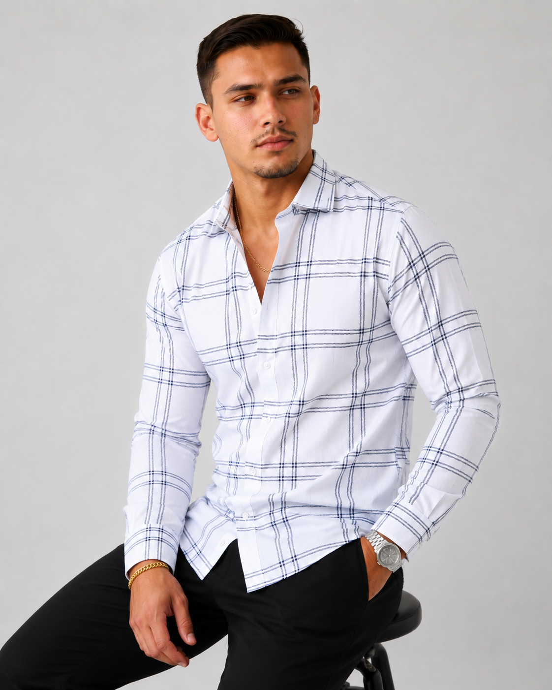 Men's Slim Fit Grid Check Shirt - White