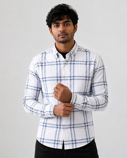 Men's Slim Fit Grid Check Shirt - White