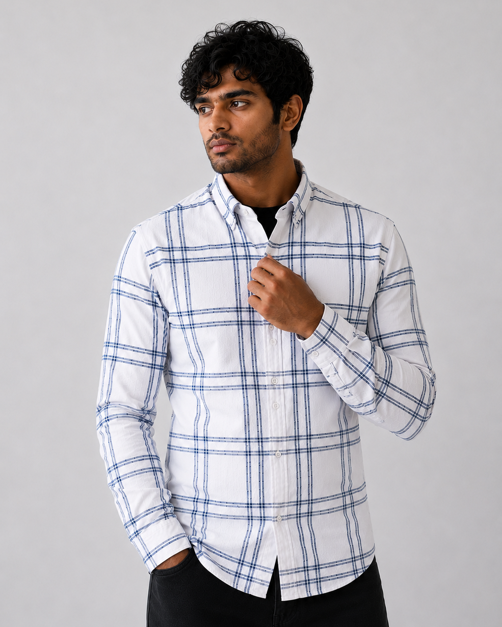 Men's Slim Fit Grid Check Shirt - White