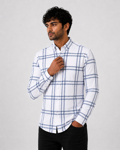 Men's Slim Fit Grid Check Shirt - White