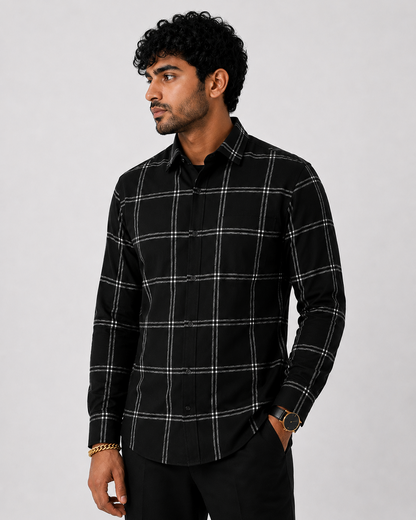 Men's Slim Fit Grid Check Shirt - Black