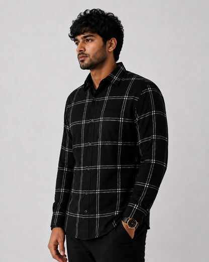 Men's Slim Fit Grid Check Shirt - Black